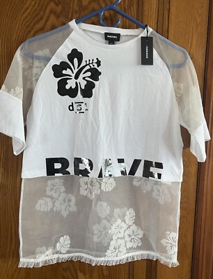 Diesel Girls Layered Mesh Fashion Jersey T-Shirt White Size 8Y