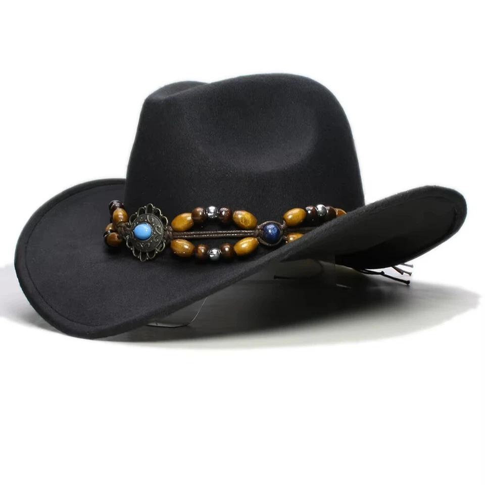 Черная ковбойская и ковбойская шляпа — широкие поля, коричневый ремешок из бисера, ретро западный вид - Изображение 4 из 4
