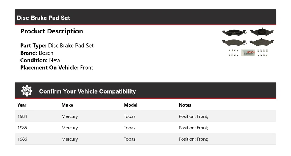 Pastillas de freno semimetálicas para Mercury Topaz Bosch 1984-1986 con delantero HDW 1985 Foto 2 de 3