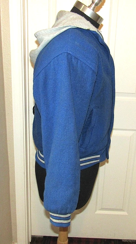 Vintage Spalding Jacket Men S 36-38 Blue Coat Snaps HOODED Bomber Made USA - Image 4 of 4