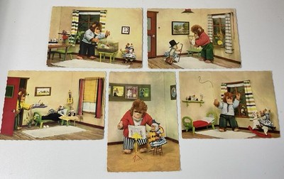 Vintage Gravo Schimpanse Postkarten 60er Jahre - komplett 5 Karten Story Set Nr.2 unbespielt