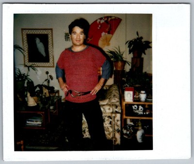 Vtg Polaroid Snapshot Photo Man In Red Sweater Layered Shirt Hands On Hips 1980s