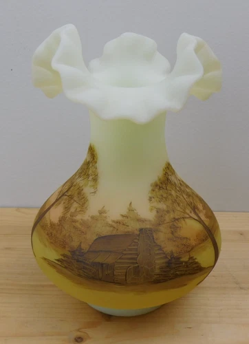 Fenton Satin Custard Ruffled Edge 7" Vase Hand Painted Cabin Scene D. Anderson