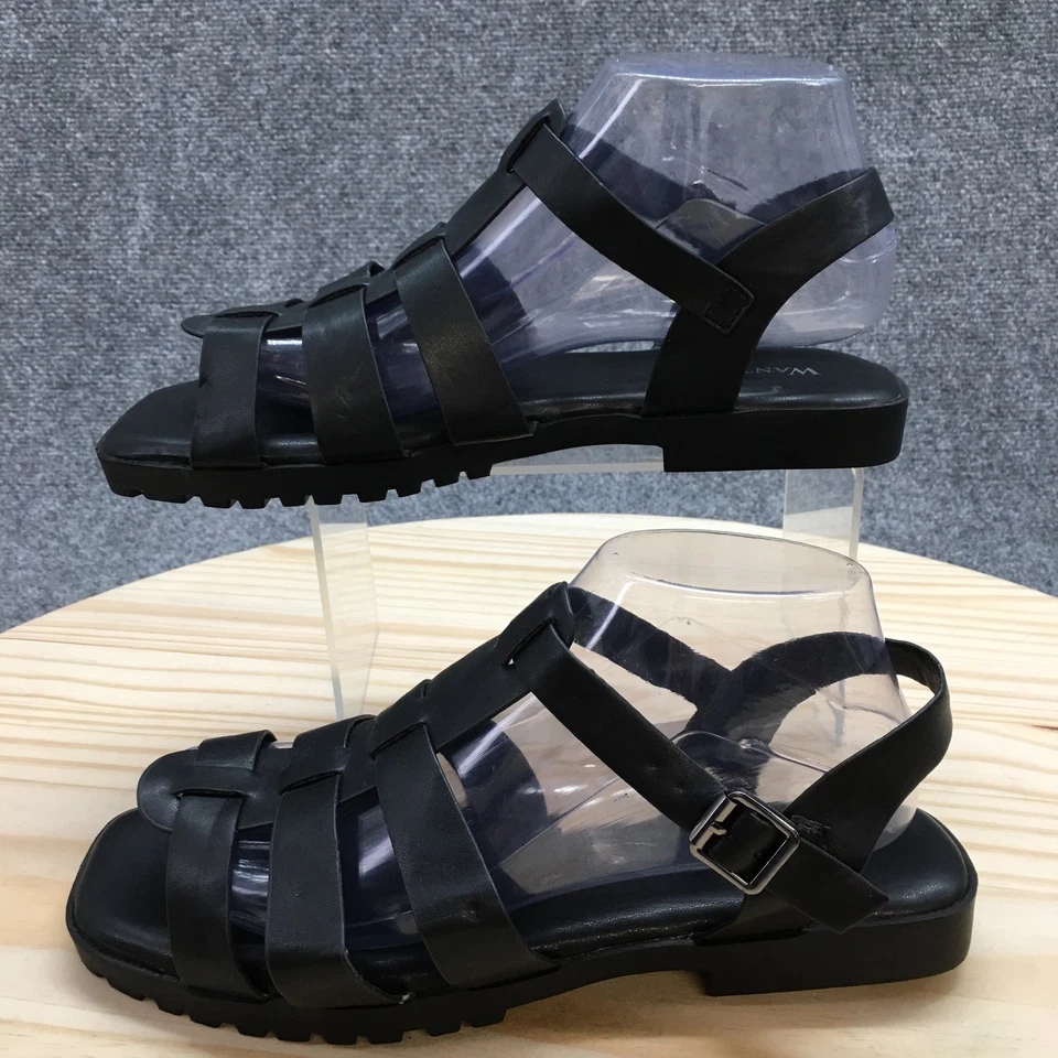 Sandalias Wanted Para Mujer 9 Athena Gladiador Cuero Negro Informales Punta Abierta Planas NUEVAS Foto 2 de 4