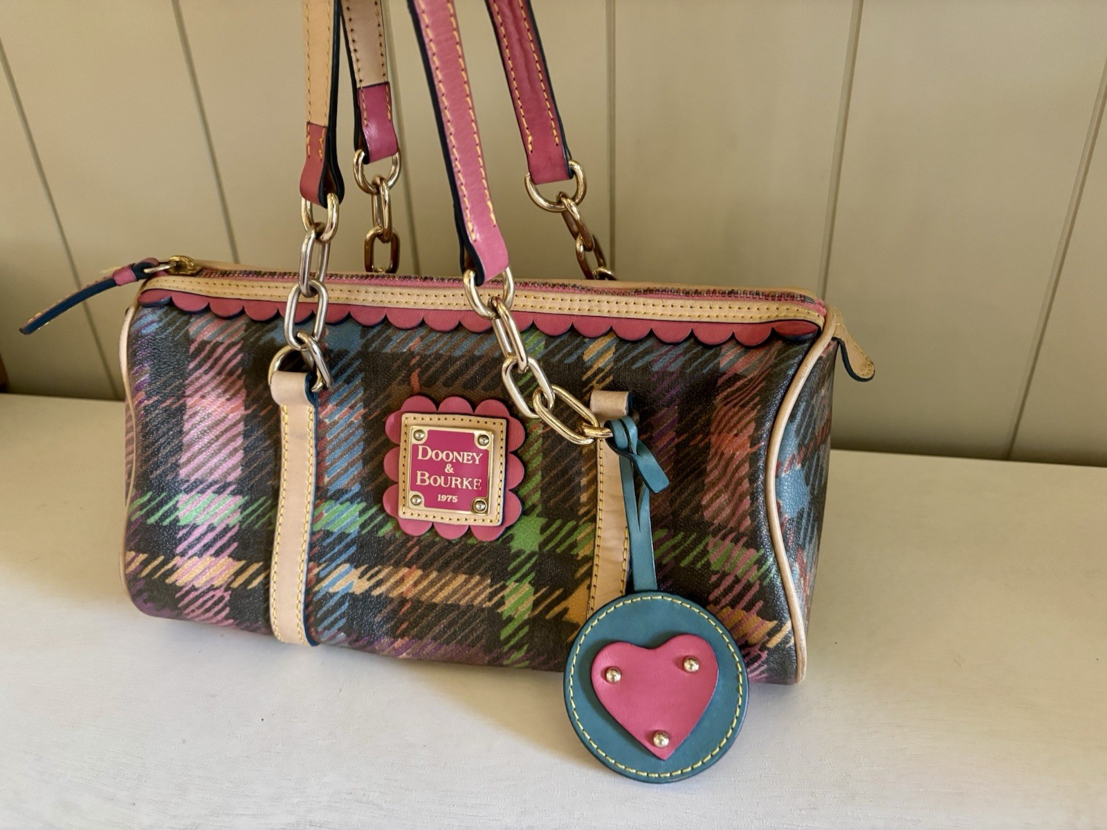 Dooney & Bourke Vintage Colorful Plaid Tartan Barrel Shoulder Bag Scallop Detail