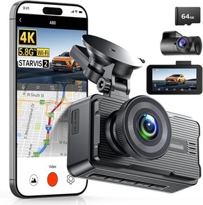 4K Dash Cam Front and Rear with 5Ghz WiFi GPS, Dual Dashcam with 64GB Card, 3" S