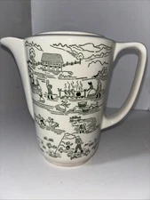 Royal China USA Wayne County RARE Pitcher W/lid Green Many Scenes 7” Ceramic