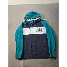 American Eagle Mens Colorblock Hoodie Teal Navy Blue AE Logo Sweatshirt Medium