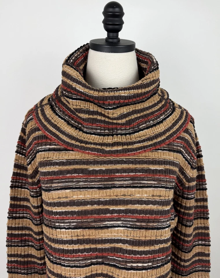 Suéter Vintage Y2K Cuello Capucha Mujer Grande/XL Marrón Tostado Rayas Tono Tierra Boho Foto 2 de 4