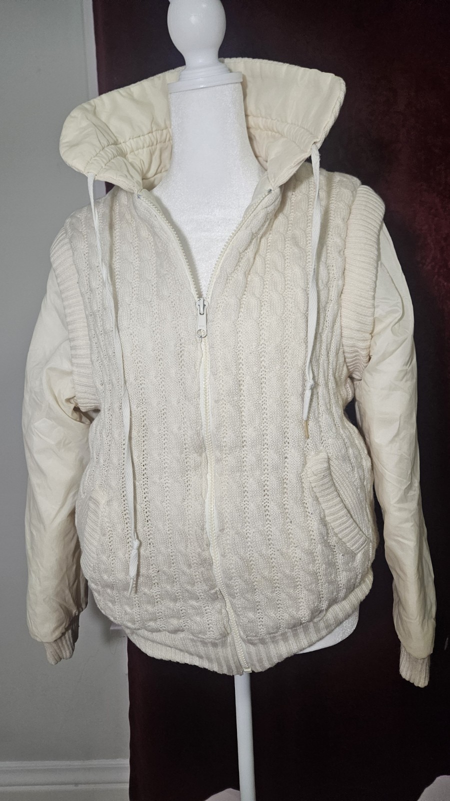 Ivory Cable Knit Zip Drawstring Collar Ribbed Poc… - image 3