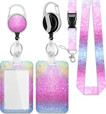 Lanyards for Id Badges, Pink Glitter Badge Holder with Retractable Reel Clip