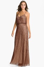 Adrianna Papell Beaded Mesh Blouson Gown Dress Sz 12 Caramel