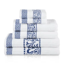 6-Piece Cotton Towel Set, Decorative Greek Pattern, Home Essentials, Absorben...
