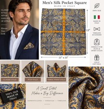 Men  s 100 Silk Pocket Square Paisley Blue Gold Orange Made in Italy 13x13