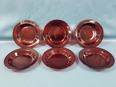 6 VTG Arcoroc France Ruby Red 8 3/8'' Shallow Rimmed Soup / Salad Bowls