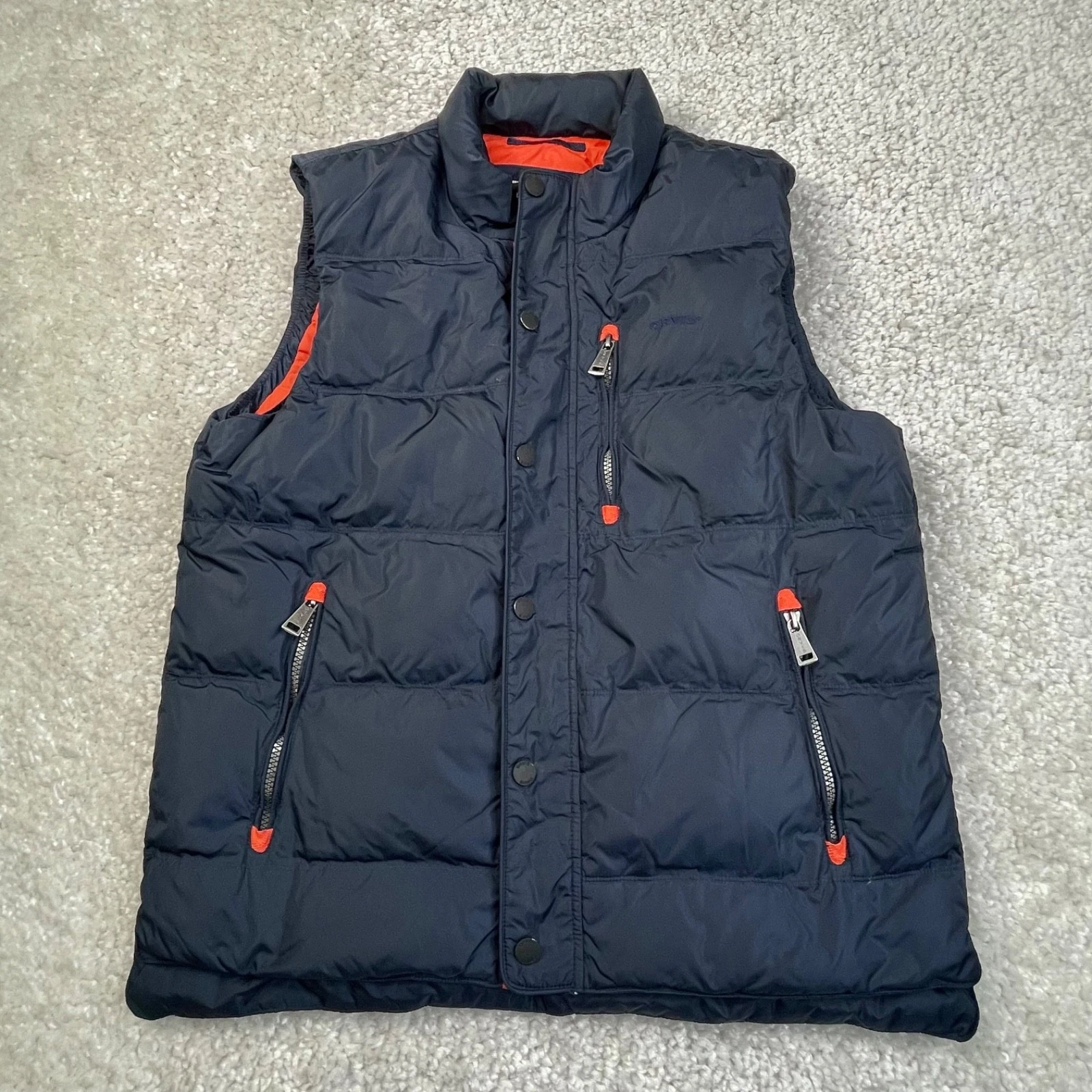 Orvis Puffer Vest Mens Medium Navy Blue Windbreak Jacket Duck Down Filled Warm