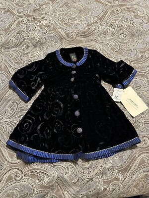 Vintage Rococo Girl's Dress or Coat Black Velvet Button Up Ruffle Neck Size 2
