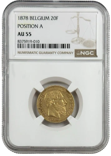 1878 Belgium Gold 20 Francs Position A 0.1867 oz Coin NGC AU 55