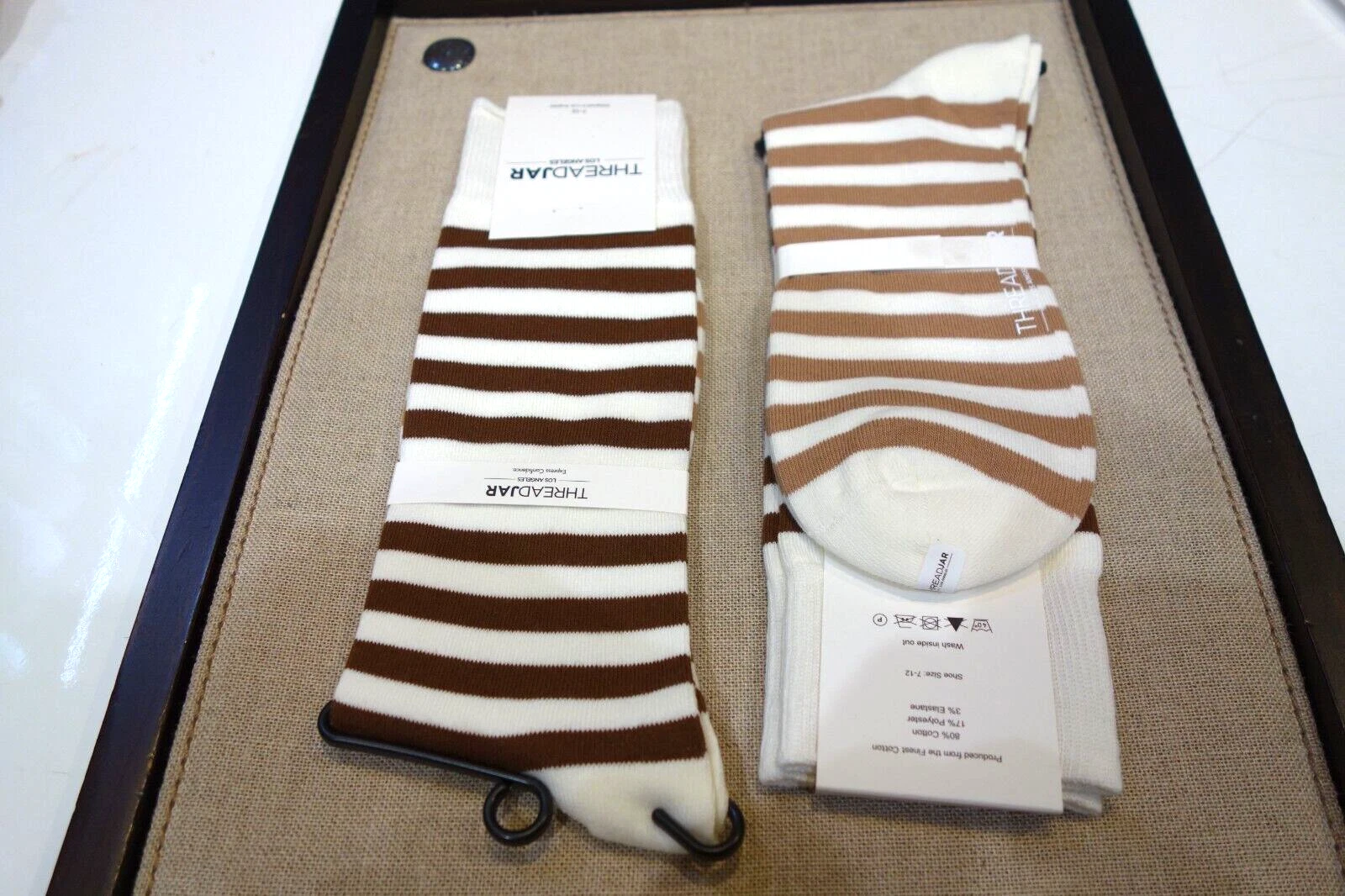 Threadjar Mid Calf socks White Brown Stripe Tan Camel Footbed
