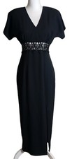 Vintage Black Maxi Dress Size 6 Embroidered Sheer Cut-Out Waist Front Slit 80s
