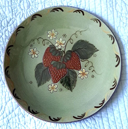 Redware Plate Eldreth Pottery 10" Strawberries Plate 2008 Signed Folk Art PA