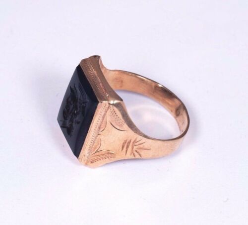 10k Yellow Gold Men's Black Onyx Intaglio Roman Soldier Ring, Size 8.75 - Picture 3 of 5