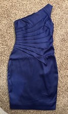 Blue One Shoulder Cocktail Dress Stretch Satin Medium
