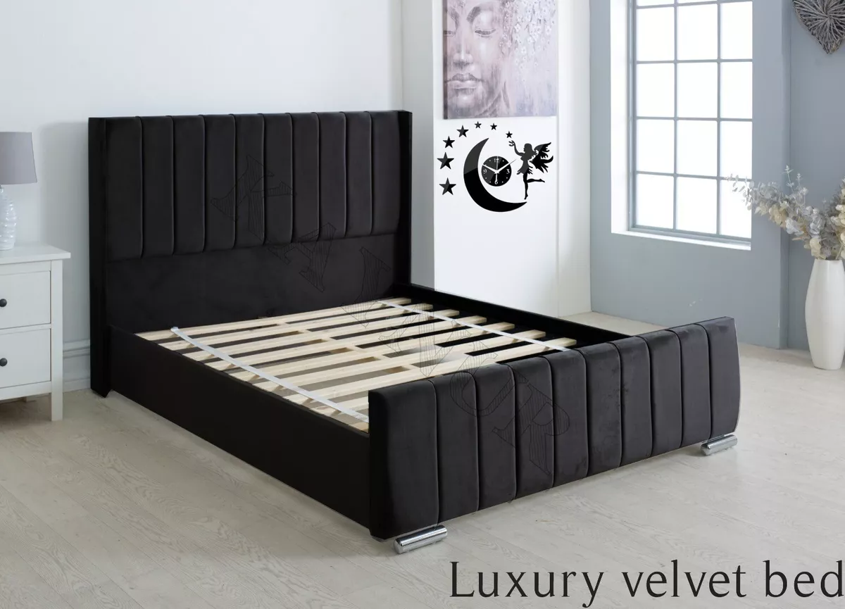 Velvet Wingback Bed panel Frame Sleigh Line Upholstered Luxury