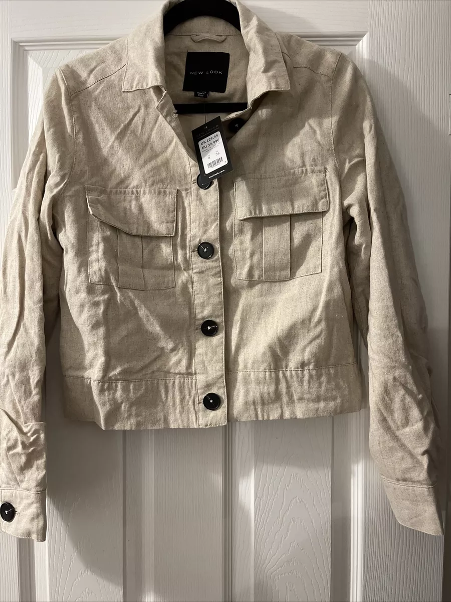 ladies new tagged beige linen crop utility jacket from new look size 8