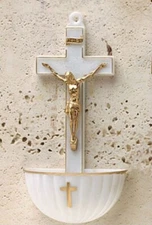 White with Gold Corpus Christi, 5 1/2" x 2" Holy Water Font, Durable Plastic