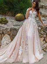 Luxury Wedding Dresses V-Neck Long Sleeves 3D Flower A-Line Princess Bridal Gown