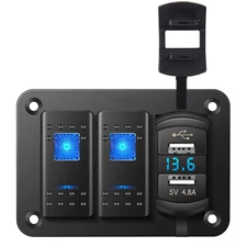 2 Gang Rocker Switch Panel with 4.8A Dual USB Charger LED Voltmeter Waterproof 