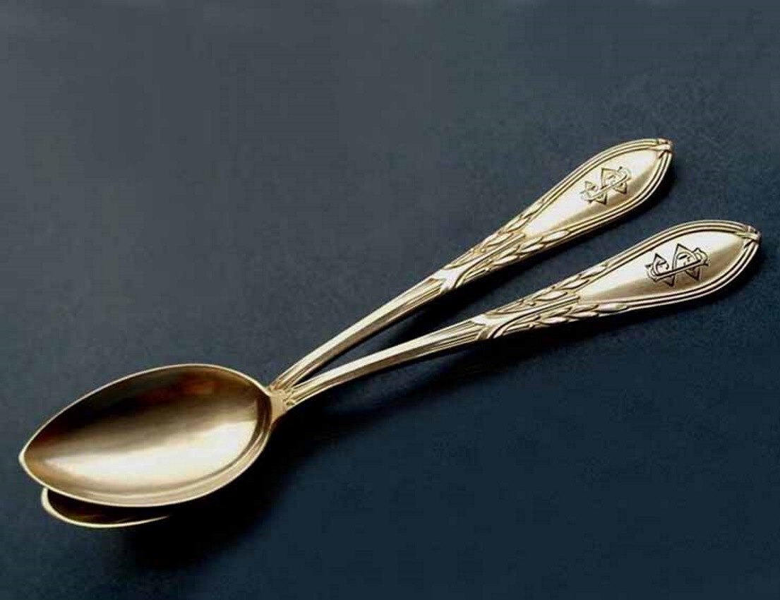 シルバースプーン　２本　手彫り仕上げ Pair, 2 Spoons, Gustav Haegermann, Jessen, 800 Silver E513