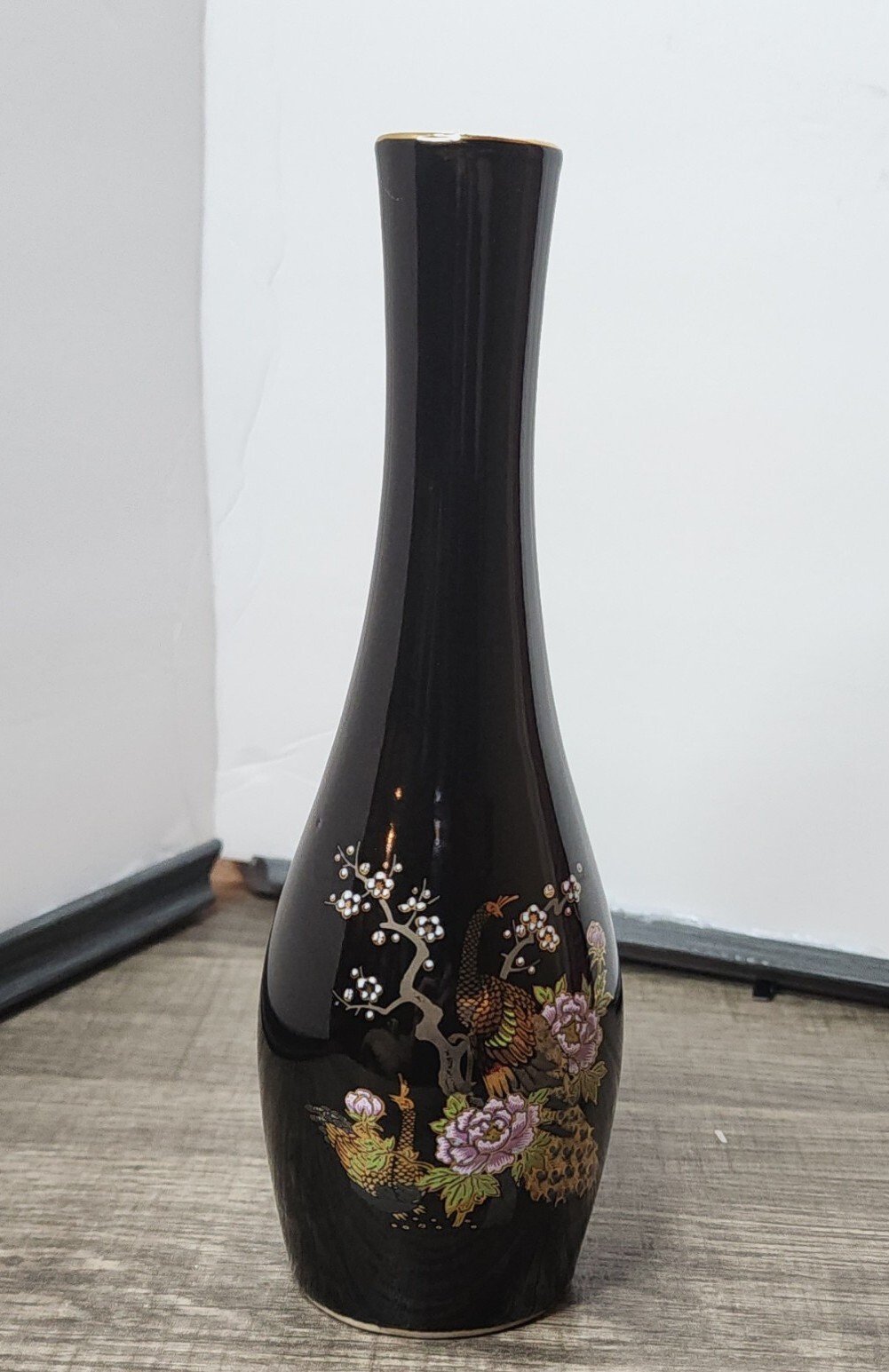 Asahi Japanese Vase Handpainted Pheasant Peacock Flowers Black Vase Gold Trim