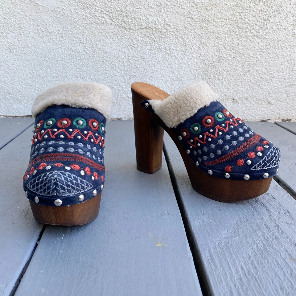 Anthropologie 35 5 Embroidered Shearling Fur Miss Albright Terrestrial Clog Heel - Image 2 of 4