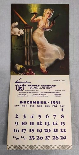 Gil Elvgren Lewis Art Supply Detroit MI Pin Up Calendar 1951 Looking For Trouble