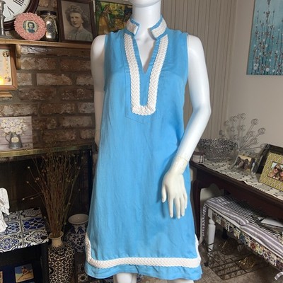 Sail To Sable Linen Blend Shift Dress Small Aqua Blue Rope Trim Resort Vacation