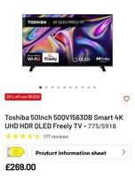 Toshiba 50 Inch 50QV1563DB QLED 4K UHD VIDAA TV UK Delivery GRADE A