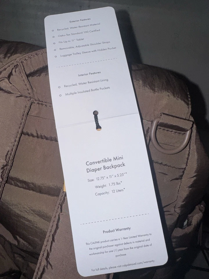 Mini Mochila de Pañales Convertible CALPAK en NUEVA Con Etiquetas Color Avellana Foto 3 de 4