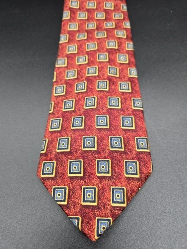 Ermenegildo Zegna Silk Tie Geometric Squares Maroon Gold Blue 100% Silk Italy
