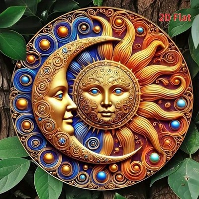 Golden Sun And Crescent Moon Round Metal Sign Celestial Boho Tin Wall Decoration