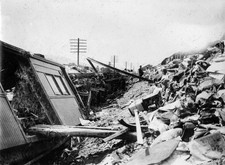 Smashed wooden carriages Sanyo Line express train after derailm- Japan Old Photo