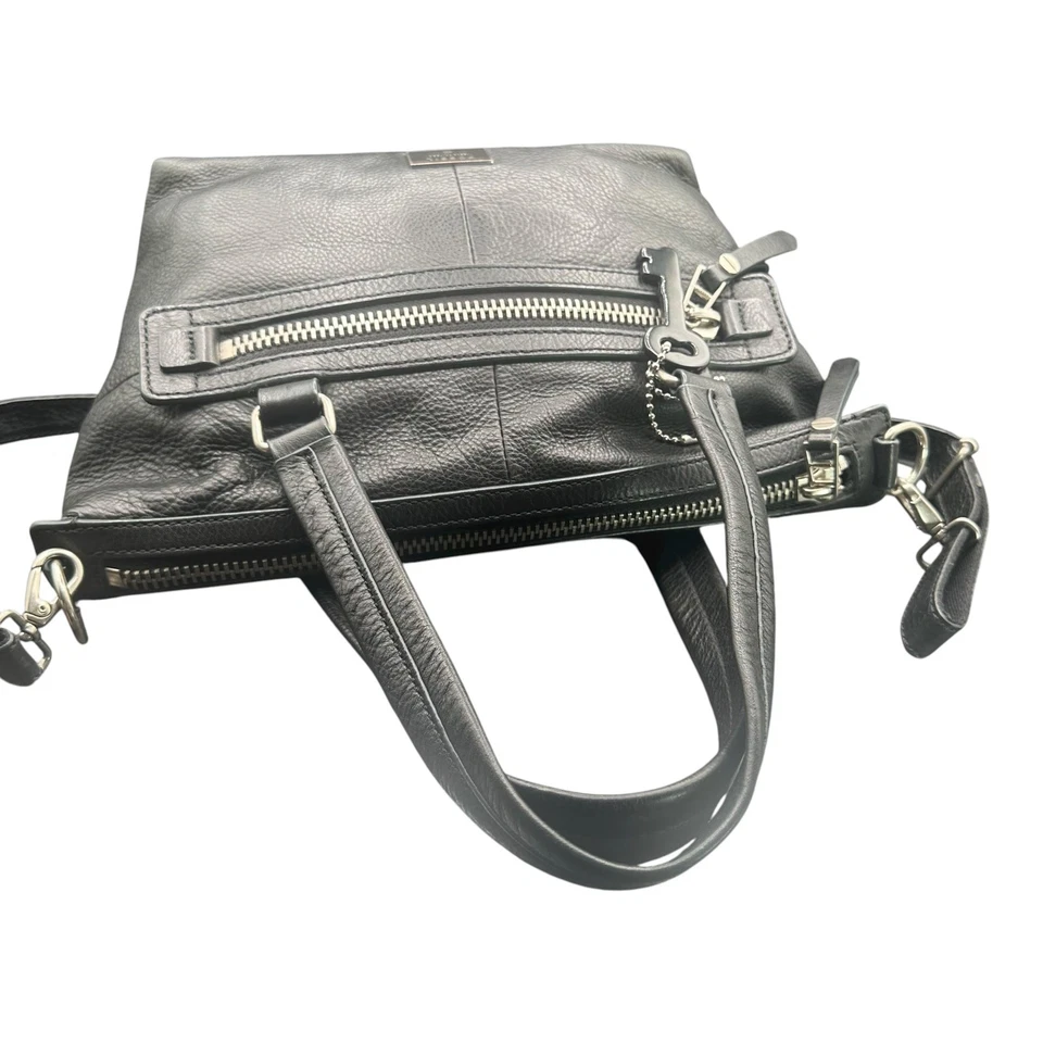 Fossil Black Pebbled Leather Satchel Crossbody Bag Silver Hardware Key Charm - Image 4 of 4