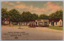 GAS STATION Jacksonville IL Smith's Modern Cabins Shell Postcard 15B