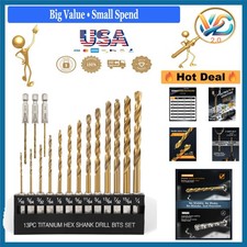 Titanium Twist Drill Bit Set 16 Pcs High Speed Steel Hex Shank for Wood Metal...