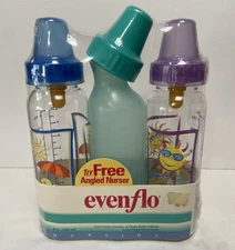 Evenflo 3 Pack 8oz Bottles Classic Plastic Brown Nipples Caps Angled Nursers NOS