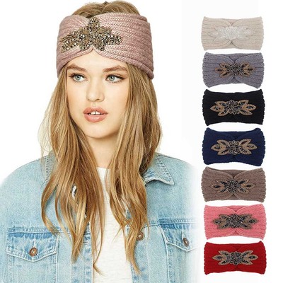 Damen Strick Stirnband Strass Glitzer Knoten Haarband Breites Headband Winter