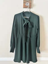 Zara Trafaluc Womens Size Small Dark Green Dress Long Sleeve Tie Neck