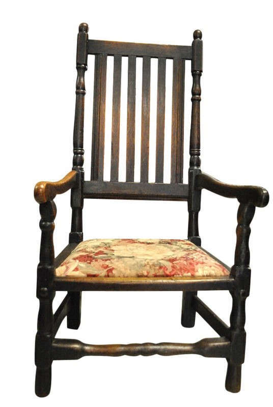 Antique Solid Oak Old English Slat Back Armchair, 19th Century, 43″H, PA4533