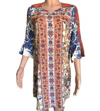 Umgee Womens Small Boho Floral Dress Bell Sleeve Keyhole Button Multicolor